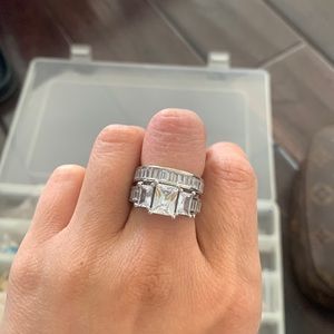 Classic gemstone wedding ring and band combination